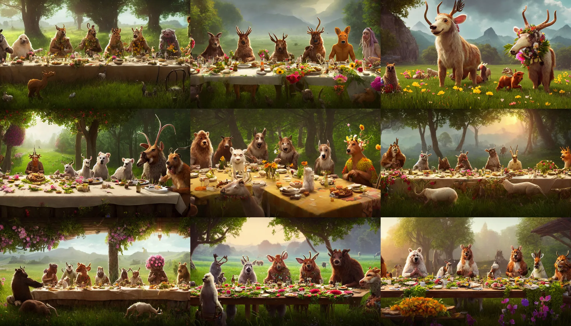 Image similar to a table dinner of animals where animals are dressed like the characters from the midsommar movie wearing flowers, realistic detailed digital art by maxwell boas jessica rossier christian dimitrov anton fadeev trending on artstation cgsociety rendered in unreal engine 4 k hq