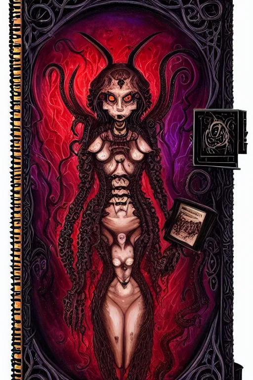 Prompt: ai illustration of demoness, her cat and her book of necronomicon, symmetrical, cinematic, sharp focus, 4 k, ultra hd, sense of awe, sinister demonic atmosphere, dreadful, forbidden knowledge, old gods, cthulhu, yog - sothoth! yah, yah, yah! cultist journal cover