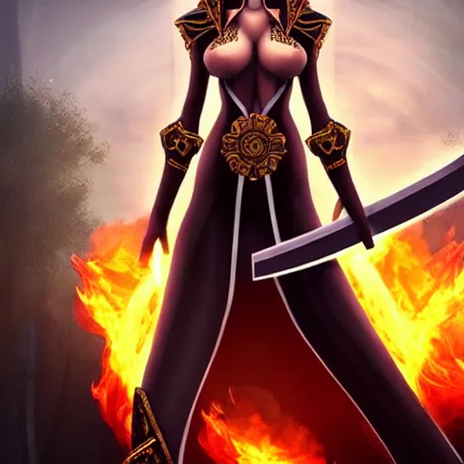 Prompt: a beautiful girl with a beautiful perfect symmetrical body, perfect symmetrical face, coherent symmetrical eyes in a torn dress holding a sword against the background of a burning city, fantasy style