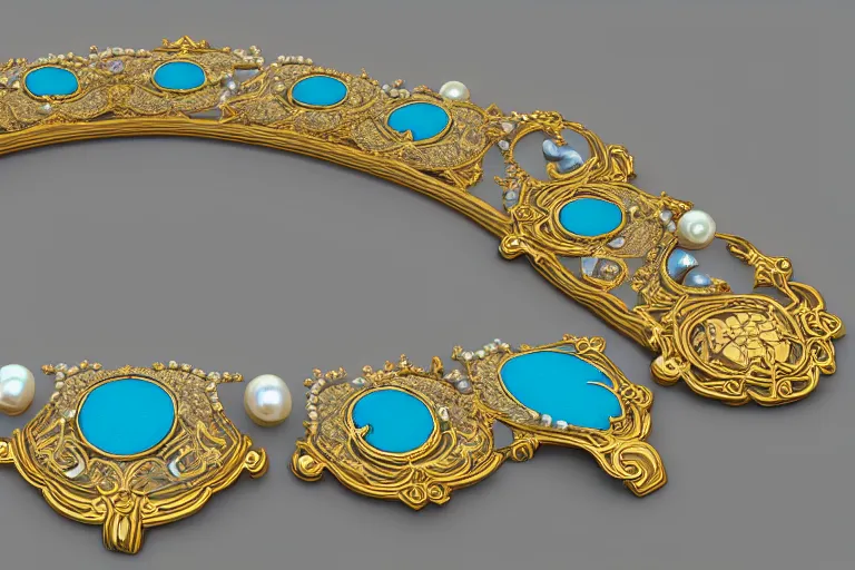 Image similar to historical, art nouveau, ornate, delicate, pearls and cyan gemstone choker, glowing inside, shiny gold, octane render, realistic, dramatic light, 3 d, photograph 4 k,