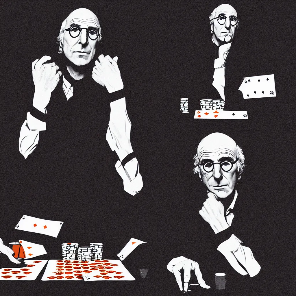 Image similar to larry david playing poker, Mads Berg, Karolis Strautniekas, James Yang, Brutalism, Constructivist, film noir, stippled light, dramatic lighting,editorial illustration, detailed, matte print, dark orange black white red, a lone man