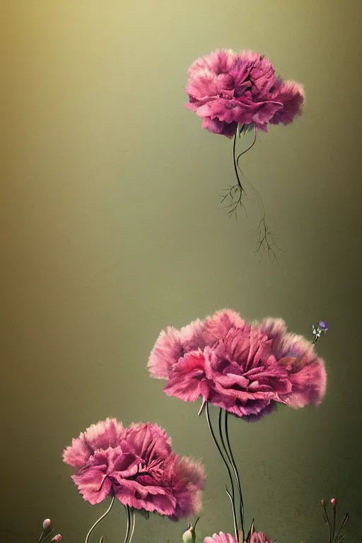 Prompt: beautiful digital matter cinematic painting of whimsical botanical illustration of blue carnations and roots enchanted dark background, whimsical scene bygreg rutkowki artstation