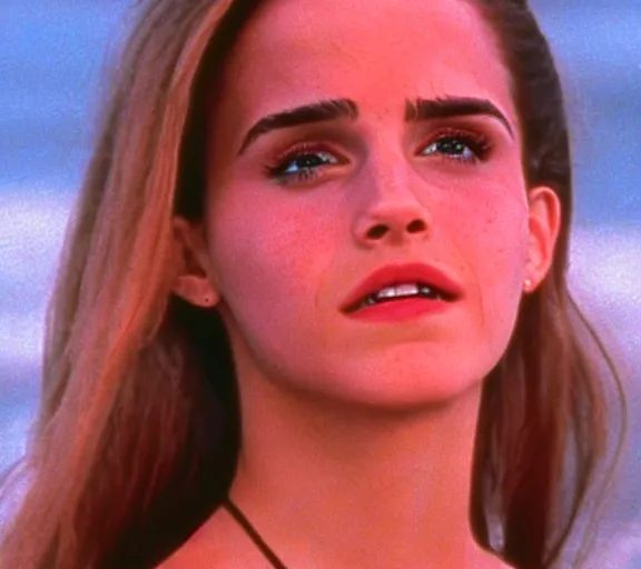 Image similar to color still shot of emma watson natalie portman hybrid on baywatch 1 9 8 9 tv show, running, face closeup,