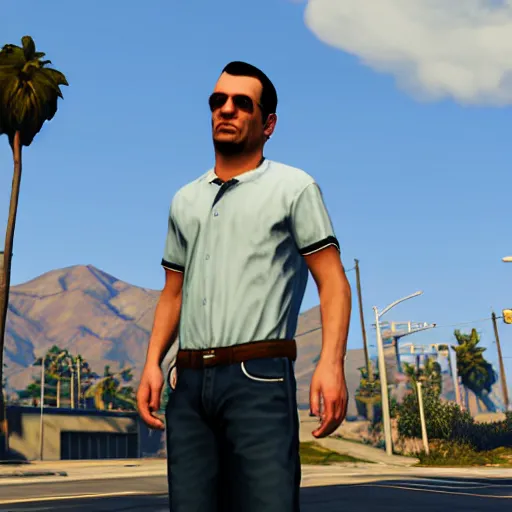 Prompt: A screenshot of a man with short brown hair, blue shirt, blue jeans, and white shoes in GTA 5