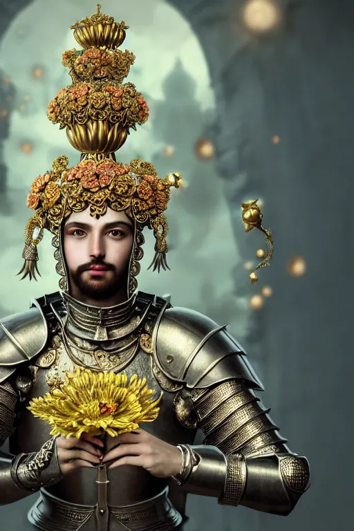Prompt: hyperdetailed matte illustration of a knight wearing an ornate gold headpiece and holding a flower with a map of the collective subconscious in the background by octane render