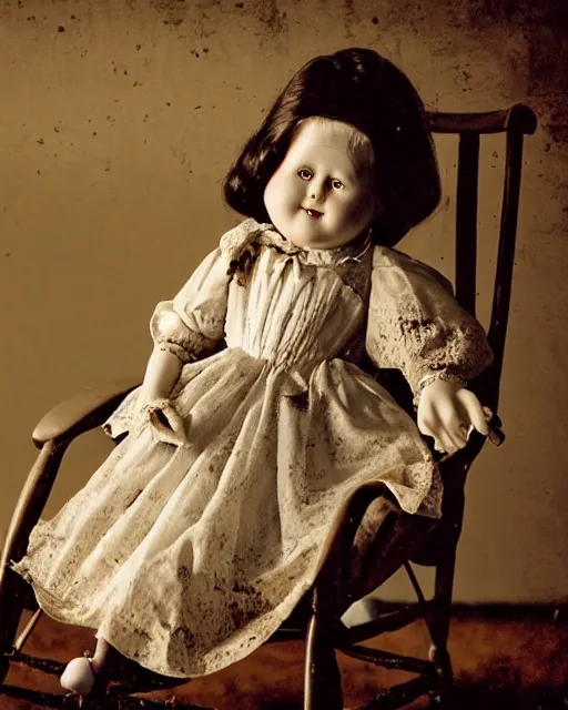 Prompt: closeup portrait of a creepy antique porcelain doll wearing a dirty dress with long wet black hair sitting in a rocking chair next to a child’s bed in a dimly lit filthy room in an abandoned old asylum at night, 8k octane render, cinematic, dramatic lighting, volumetric lighting, vintage photo, (1890)