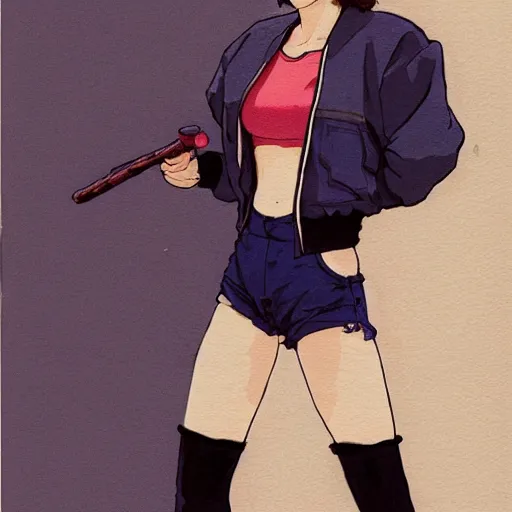 Image similar to a beautiful! boyish! natalie portman alluring gravure! model, wearing oversized mayan bomber jacket and leotard with overalls, bulky poofy bomber jacket with mayan patterns, gapmoe yandere grimdark, trending on pixiv fanbox, painted by greg rutkowski makoto shinkai takashi takeuchi studio ghibli, akihiko yoshida