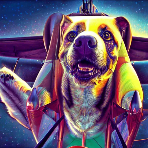 Image similar to photorealistic dog in a biplane. hyperdetailed photorealism, 1 0 8 megapixels, amazing depth, glowing rich colors, powerful imagery, psychedelic overtones, 3 d finalrender, 3 d shading, cinematic lighting, artstation concept art