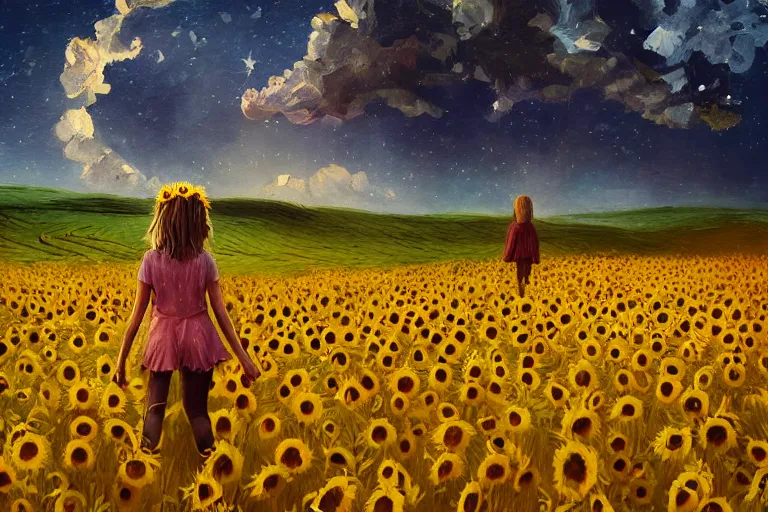 Image similar to huge sunflower head, girl walking in wheat field, hills, surreal photography, dark night, star trails, dramatic light, impressionist painting, clouds, digital painting, artstation, simon stalenhag