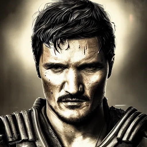 Image similar to pedro pascal portrait, dystopia core, apocalyptic, armor, warrior, dramatic, sharp focus, fiction, neon, fantasy, hyper detailed, digital art, trending in artstation, cinematic lighting, studio quality, smooth render, unreal engine 5 rendered, octane rendered, art style and nixeu and wlop and krenz cushart