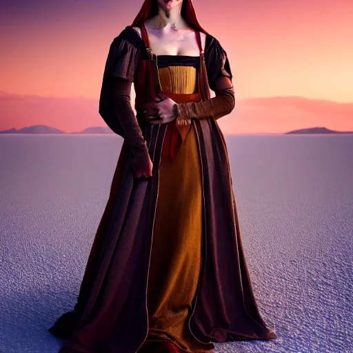 Image similar to photographic portrait of a stunningly beautiful middle ages renaissance female in strong sunshine on a salt flat, contemporary fashion shoot, by edward robert hughes, annie leibovitz and steve mccurry, david lazar, jimmy nelsson, breathtaking, 8 k resolution, extremely detailed, beautiful, establishing shot, artistic, hyperrealistic, beautiful face, octane render