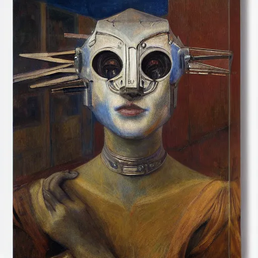 Image similar to the robot in her bird mask, by Annie Swynnerton and Diego Rivera , symbolist, dramatic lighting, elaborate geometric ornament, Art Brut, god rays, soft cool colors,smooth, sharp focus, extremely detailed, Adolf Wölfli and (Donato Giancola)