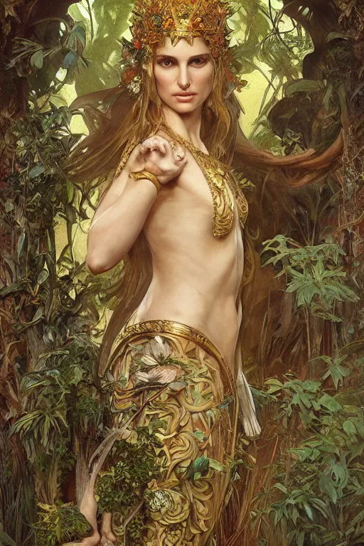 Image similar to natalie portman as queen of the jungle, full figure, painted by nekro, alphonse mucha, dark - fantasy, intricate detail, artstation, cgsociety, rococo, gold leaf art