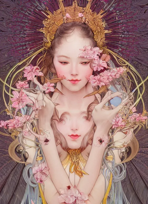 Prompt: a photographic portrait of a anthropomorphic cherry - blossom goddess spirit, fantasy, tarot esoteric, intricate, elegant, highly detailed, digital painting, artstation, concept art, smooth, sharp focus, illustration, art by artgerm and h r giger and alphonse mucha