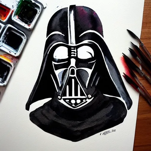 Prompt: ''Darth Vader helmet mixed with Kylo Ren helmet in watercolor style''