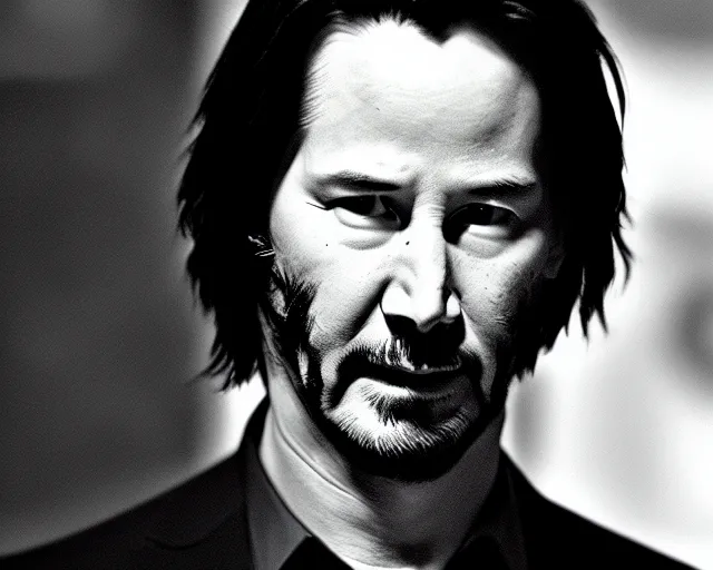 Image similar to keanu reeves bowing down, realistic, award winning photograph, 1 0 0 mm