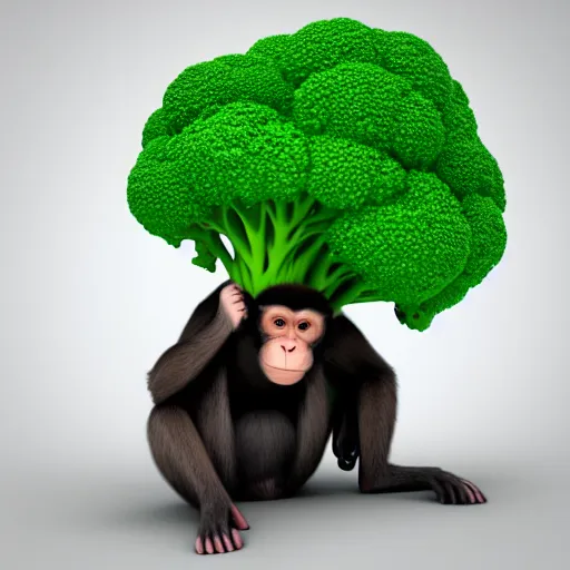 Image similar to 3d render of a monkey sitting on a giant piece of broccoli