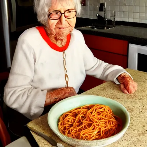 Prompt: grandma posing with her spaghetti, messy gross, she needs to wash