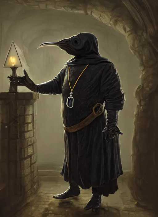 Prompt: a portrait, a chubby amphibious humanoid wearing a pointy bird style black plague doctor mask, short in stature, wearing black medieval robes, medical doctor, small vials and pouches attached to belt, pointy mask, lobster hands, style by donato giancola, wayne reynolds, jeff easley dramatic light, high detail, cinematic lighting, artstation, dungeons and dragons