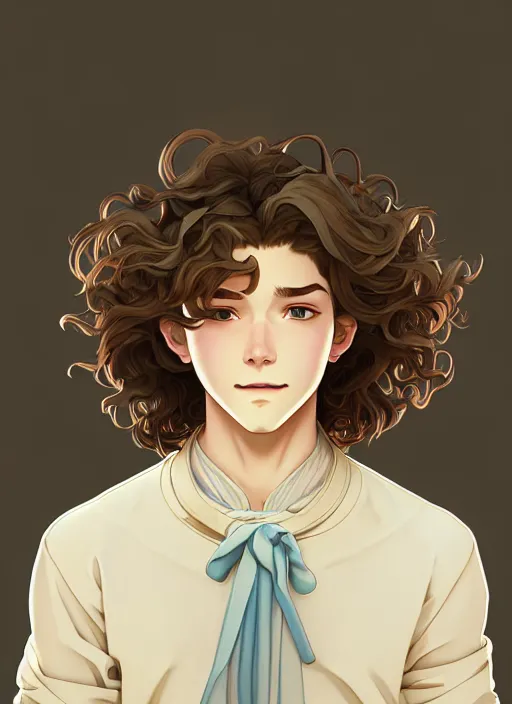 Image similar to young man with medium - length, curly, golden hair, perfectly proportioned face, aquamarine eyes, sweet smile, natural lighting, path traced, highly detailed, high quality, cartoon, digital painting, by new haicheng and studio ghibli and alphonse mucha