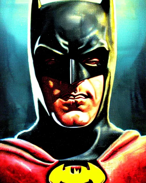 Image similar to batman, character portrait, portrait, close up, concept art, intricate details, highly detailed, vintage sci - fi poster, retro future, vintage sci - fi art, in the style of chris foss, rodger dean, moebius, michael whelan, and gustave dore