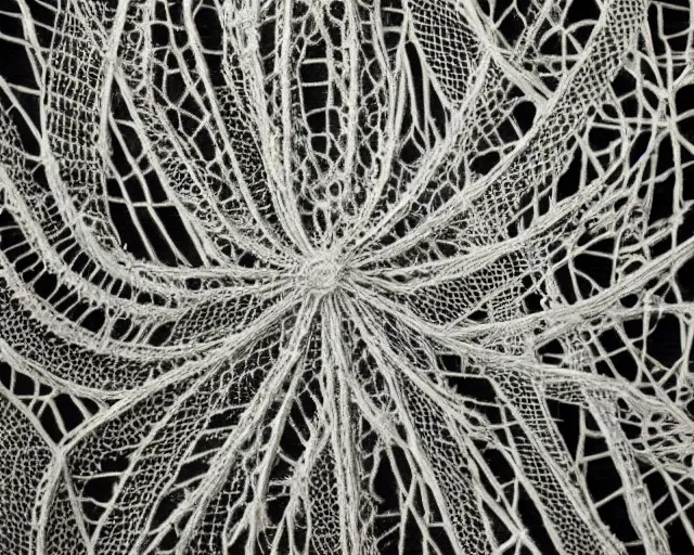 Image similar to extreme close up of a retina, made of intricate decorative lace leaf skeleton, in the style of the dutch masters and gregory crewdson, dark and moody