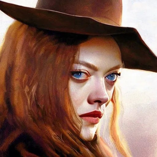 Prompt: ultra realistic portrait painting of amanda seyfried as a western outlaw, art by frank frazetta, 4 k, ultra realistic, highly detailed, epic lighting.