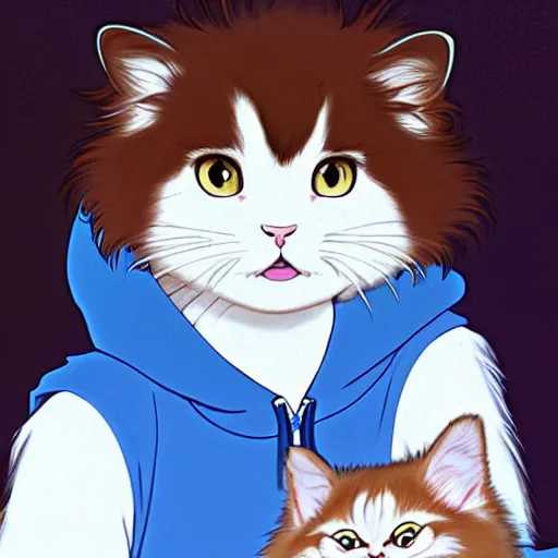 Image similar to teen boy with brown hair and big blue eyes, wearing a hoodie, fluffy white persian cat, natural lighting, path traced, highly detailed, high quality, cartoon, digital painting, by don bluth and ross tran and studio ghibli and alphonse mucha