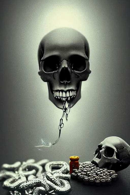Image similar to pile Off pills and a skull on the table, skull made out of smoke coming out of pills, fantasy, intricate, elegant, highly detailed, digital painting, artstation, concept art, addiction, chains, backround as room full of garbage, smooth, sharp focus, illustration, art by Ilja Repin