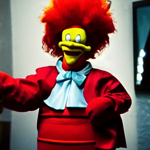 Image similar to still image of krusty the clown from the simpsons in the dark knight, cinematic, anamorphic, 8 0 mm f / 2. 8 l, 3 5 mm film, movie