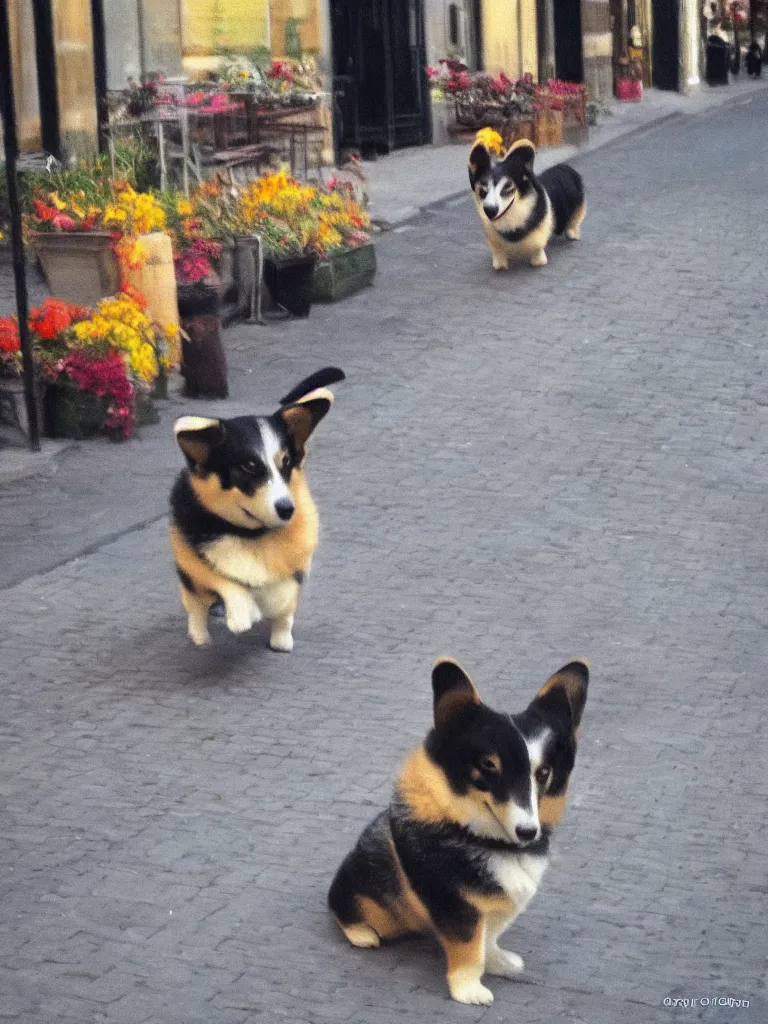 Image similar to happy corgie on the city street detalized morning impressionism style