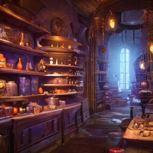 Image similar to inside a magical item shop, fantasy potion vendor interior, ufotable studio art style, gothic interior, 8 k, octane render, unreal engine