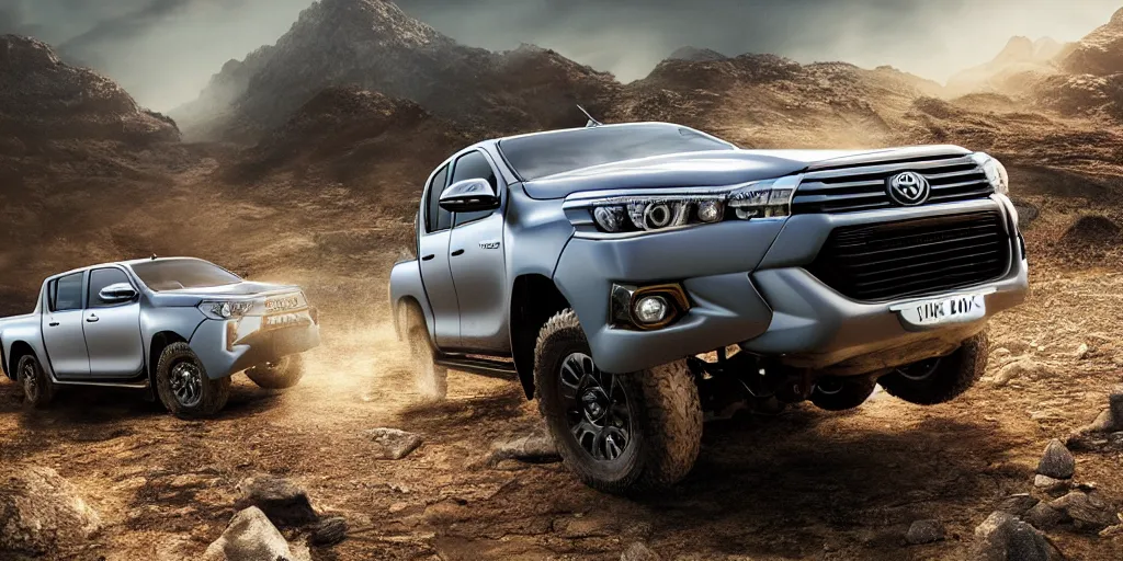 Image similar to toyota hilux, unreal 5, hyperrealistic, realistic, photorealistic, dynamic lighting, highly detailed, cinematic landscape, studio landscape, studio lighting