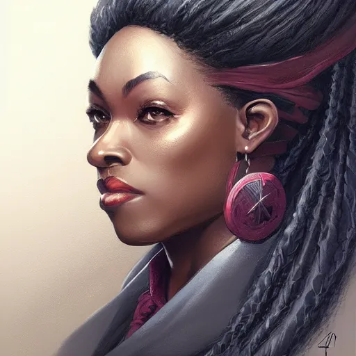 Image similar to confident black female lawyer, D&D, fantasy litigator, portrait, highly detailed, digital painting, trending on artstation, concept art, sharp focus, illustration, art by artgerm and greg rutkowski and magali villeneuve