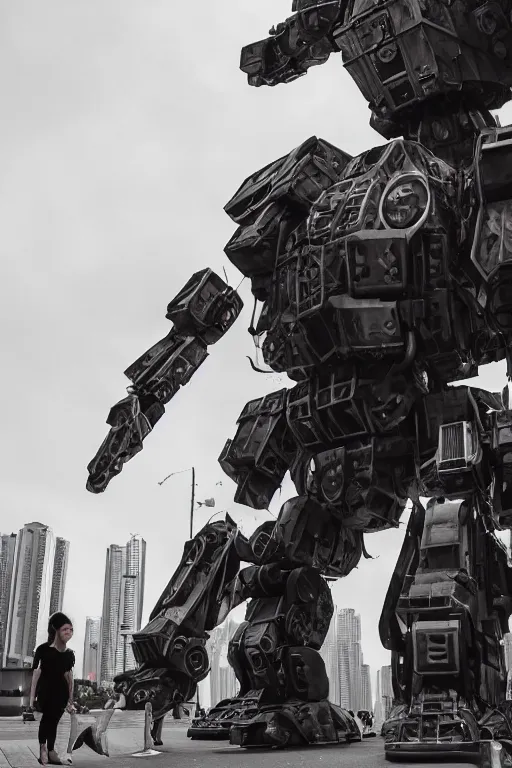 Image similar to portrait cinematography of beautiful young female, clothed in sci-fi military armor, long hair blowing in the wind. Giant mechs in the streets of Hong Kong. by Anita Sadowska