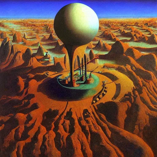 Prompt: aerial shot of fantastic machinery terraforming Venus, in the style of neo rauch, composition by zdzisław beksiński,