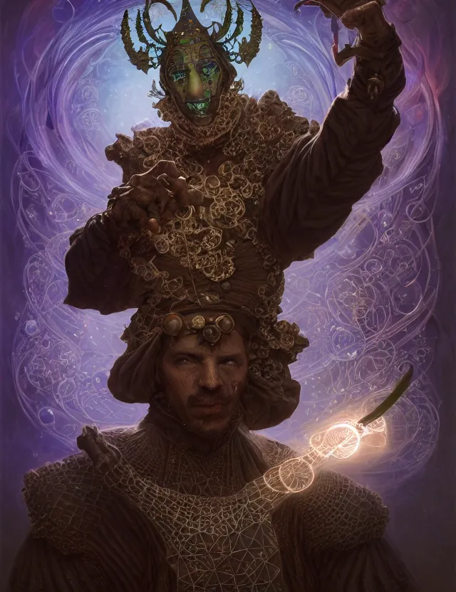 Image similar to front shot of a court jester character, hyperdimensional, bioluminescent hypercubes, dark holography!!!, (((intricate))), elegant, highly detailed, centered, (((artstation, concept art, smooth, sharp focus, artgerm, Tomasz Alen Kopera, Peter Mohrbacher, donato giancola, Joseph Christian Leyendecker, WLOP, Boris Vallejo))), mugshot!!!!!, ugly!!!!!!, octane render, nvidia raytracing demo, octane render, nvidia raytracing demo, octane render, nvidia raytracing demo, grainy, muted, 8K, digitalblasphemy, metatron