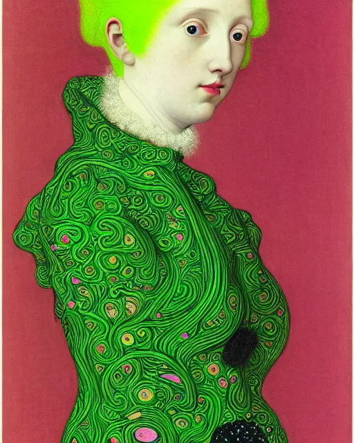 Prompt: portrait of a young pale woman with pink hair, wearing a neon green dress by Vivienne Westwood, intricate details, super-flat, in the style of James Jean, Jean Auguste Dominique Ingres, Gustav Klimt, black background