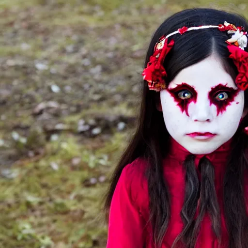 Prompt: a young evil little girl with red eyes during a pagan ceremony