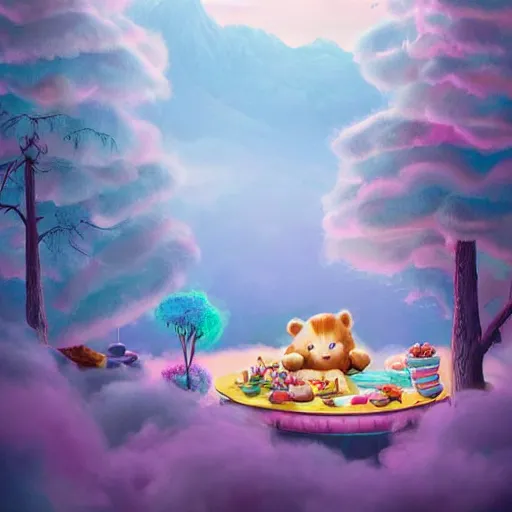 Prompt: a beautiful digital matte painting of an adorable teddy bear with fairy wings sleeping on a cloud of cotton candy, surrounded by candy and desserts, bright natural morning light, mountains river trees, pastel color palette, by andreas rocha and jeremiah ketner