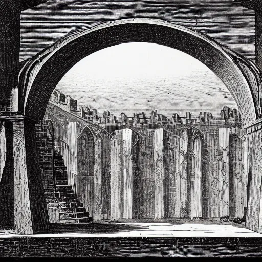 Prompt: an etching illustration of a strange underground endless stone chamber with staircases, arches, and portcullises fading into the distance, by Piranesi and M.C. Escher