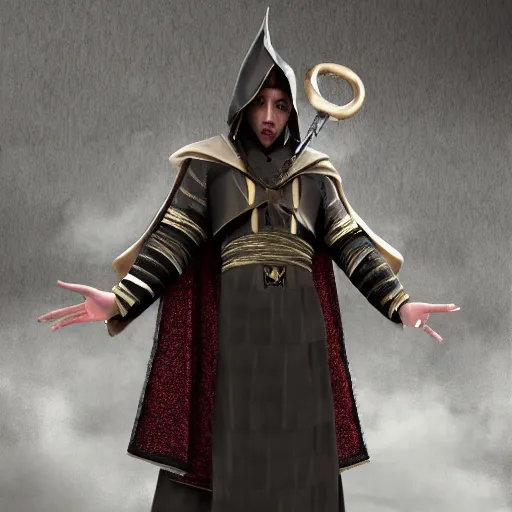 Image similar to a photorealistic male wearing wizard outfit, sharp focus