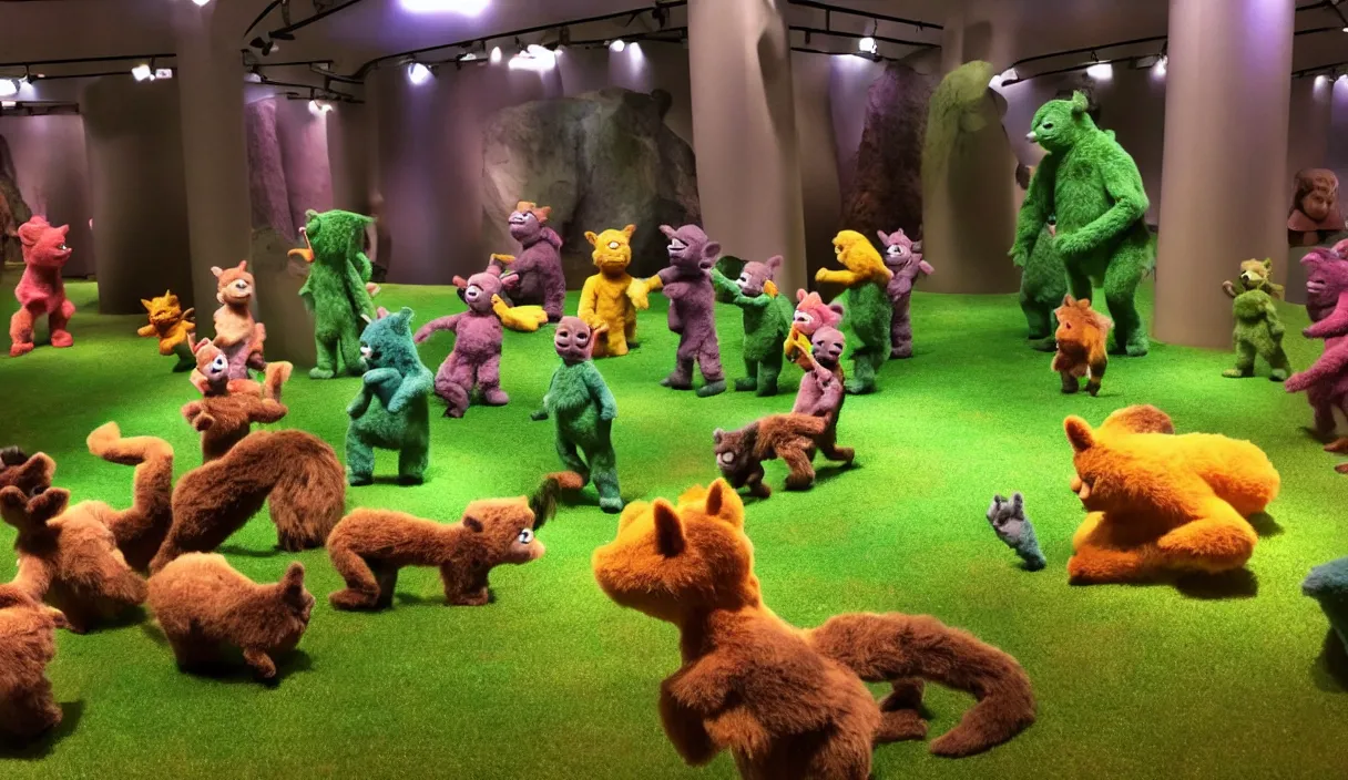 Image similar to diorama at the american museum of natural history, new york, of teletubbies as furry animals