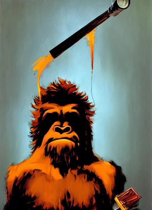 Prompt: bigfoot smoking meth, billowing smoke, inhaling pipe, painting by phil hale, fransico goya, david lynch,'action lines '!!!, graphic style, visible brushstrokes, motion blur, blurry