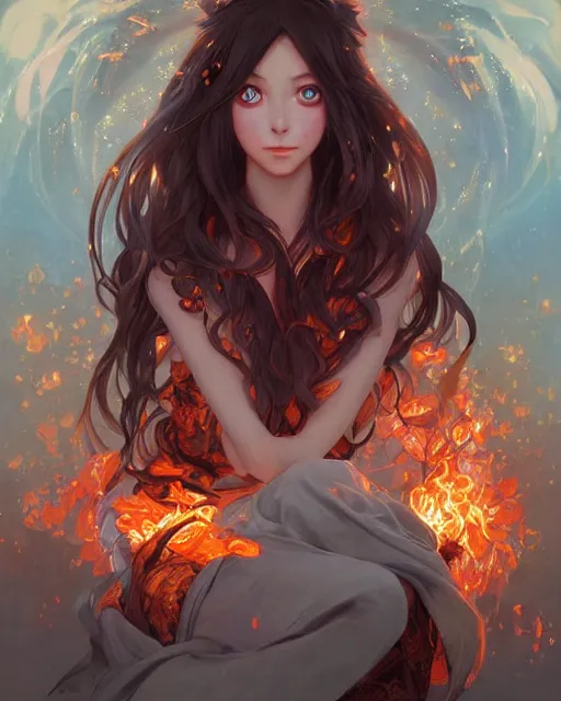 Image similar to beautiful long haired anime girl, fire dress, portrait, flames everywhere, highly detailed, digital painting, artstation, concept art, smooth, sharp focus, illustration, art by artgerm and greg rutkowski and alphonse mucha