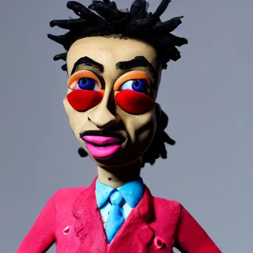 Prompt: a cartoon claymation medium close up sculpture of Playboi Carti, in the style of Tim Burton