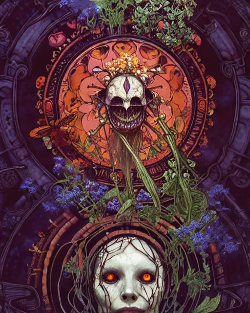 Image similar to the platonic ideal of flowers, rotting, insects and praying of cletus kasady carnage davinci dementor chtulu mandala ponyo dinotopia bioshock the witcher, fantasy, ego death, decay, dmt, psilocybin, concept art by randy vargas and greg rutkowski and ruan jia and alphonse mucha