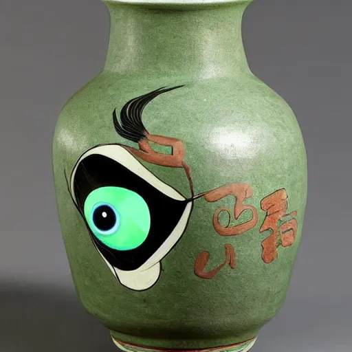 Image similar to vase work, Ancient vase art of mike wazowski in art style of chinese art, fragmented clay firing chinese vase with an mike wazowski in the style of ancient chinese art, ancient chinese art!!!!! chinese art