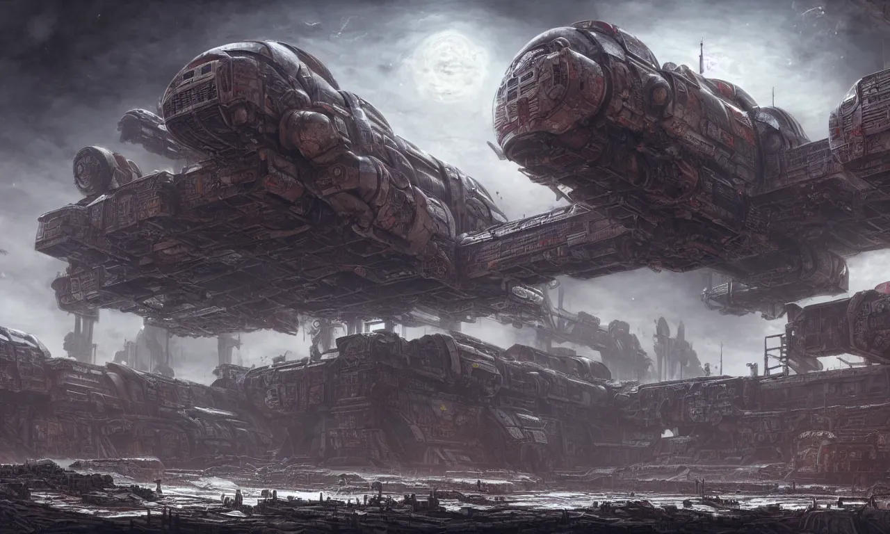 Image similar to a beautiful highly detailed matte painting of a huge derelict cargo starship base, Space Hulk, WarHammer 40k by Jose Daniel Cabrera Pena and Leonid Kozienko, concept art