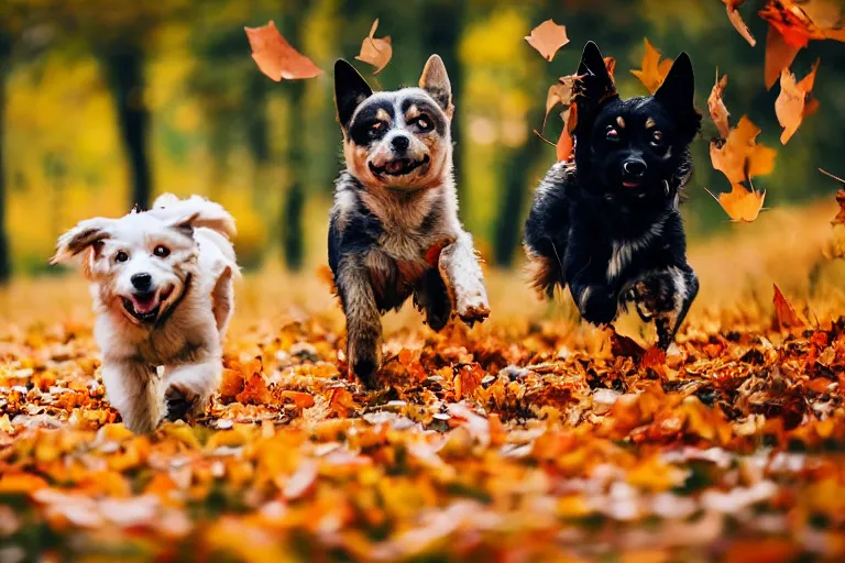 Prompt: dogs running through autumn leaves towards the camera